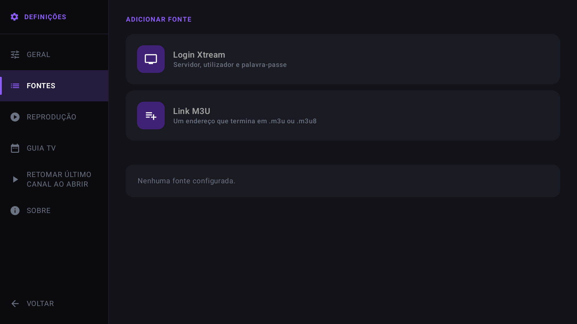 Selector de fontes IPTV (Xtream Codes ou M3U)