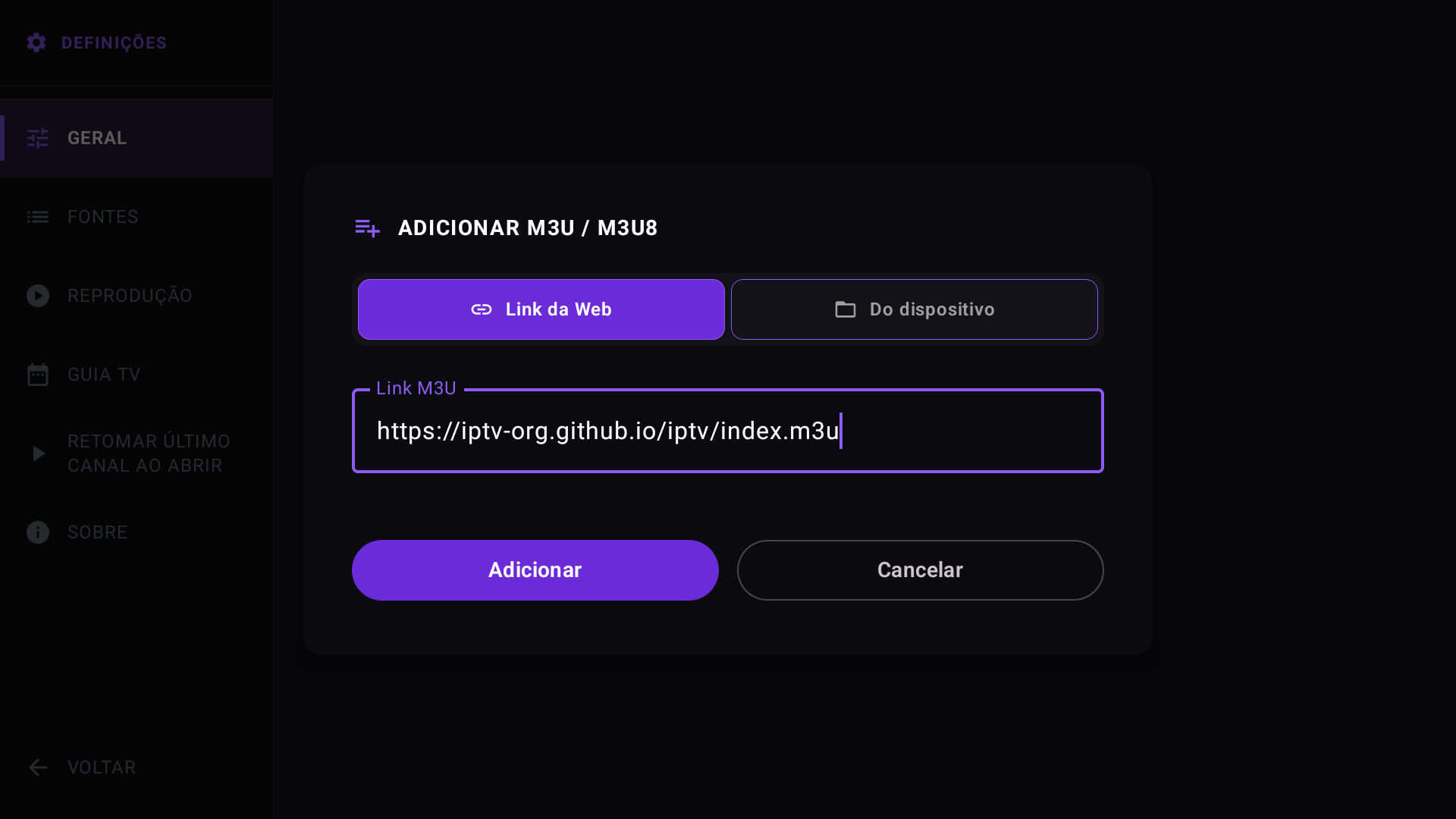Formulário de adição de lista M3U