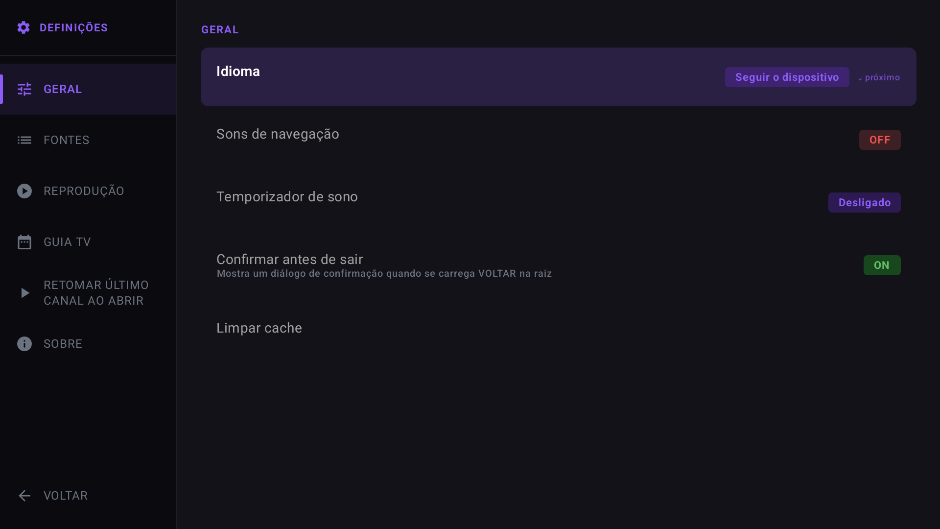 Definições gerais da Sidstuga em Android TV