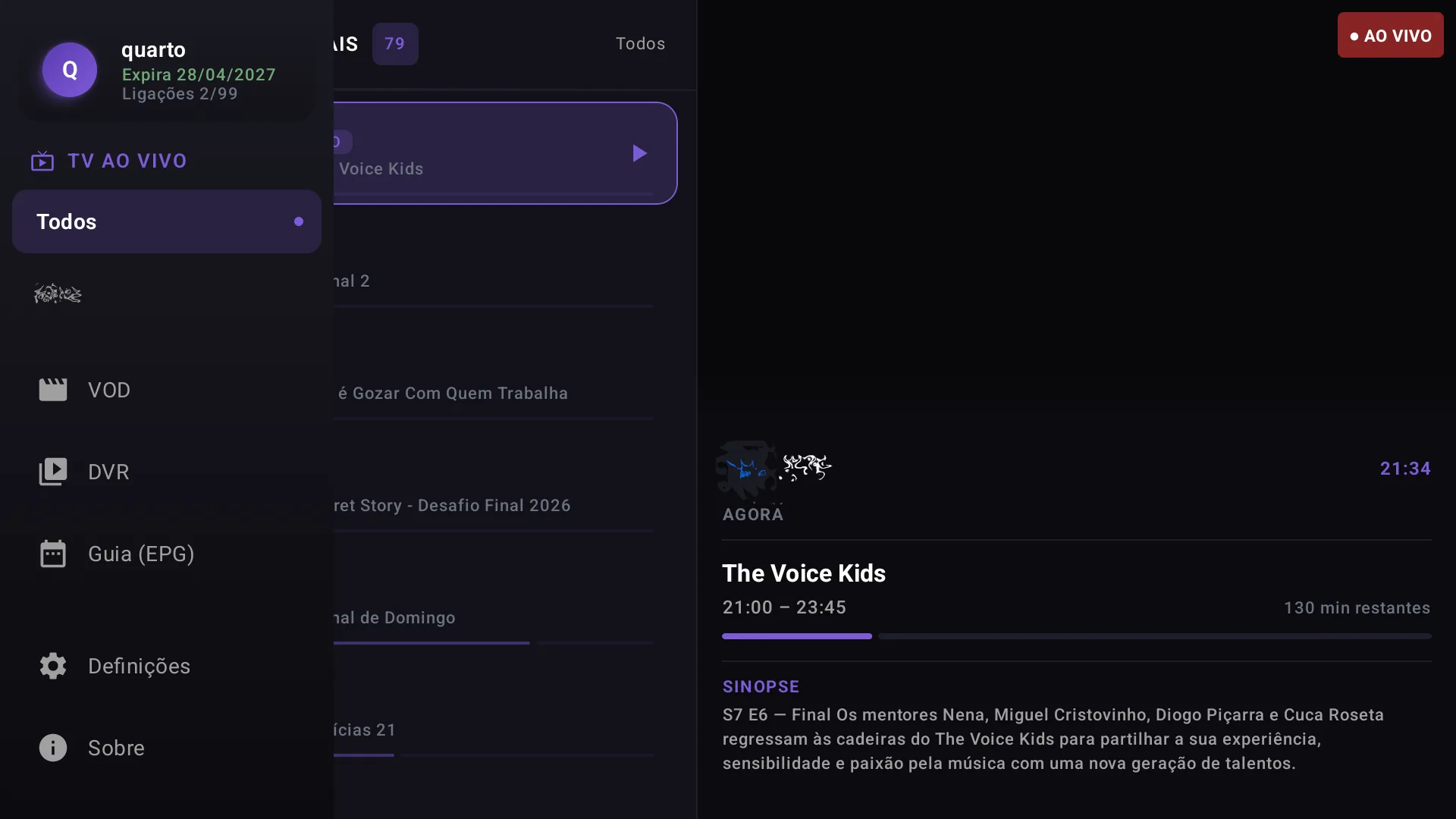 Navigation sidebar on Android TV IPTV player